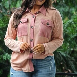 Reborn J Peach and Pink Corded Button Down Top